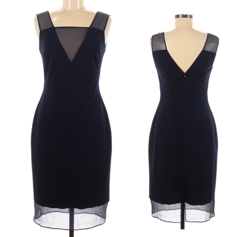 Aidan Mattox Dark Navy Knit Sheer Panel Cocktail Dress